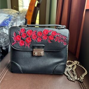 Black Leather Crossbody Bag with red floral embroidery